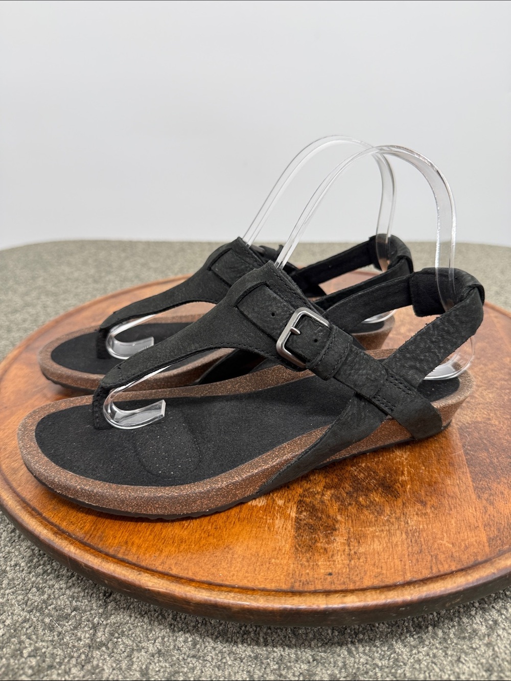 Teva Sandals Wm 7 Black Leather Mahonia 3 Point Thong Buckle Cork Wedge